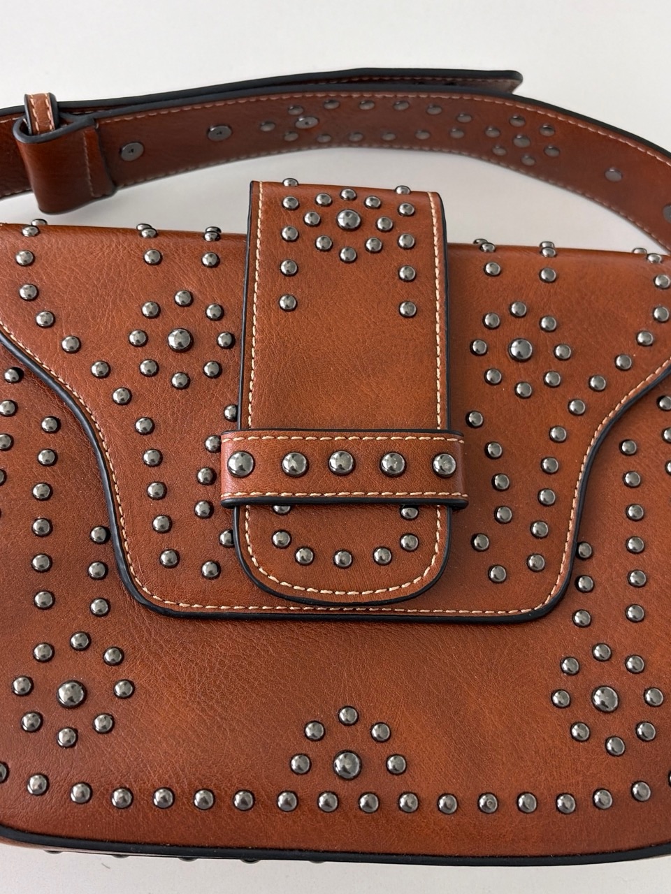 Brown Studded Leather Crossbody Bag